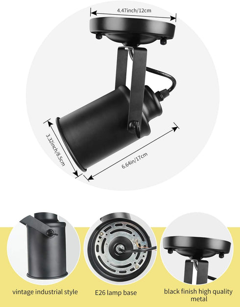 E26 Bulb) Industrial Track Lighting Ceiling Spotlight, Matt Black Vintage Wall Mount Lights, Rotate Head, Hardwired No