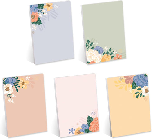 Simple Floral Sticky Note Pad Set of 5 Assortment / 4" x 6" Botanical Pads / 50 Sheets Per Pad / Made in USA