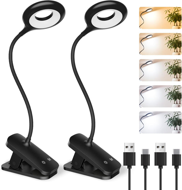 CUHIOY 2Pack Clip on Reading Light, 5 Colors 5 Brightness Bed Light
