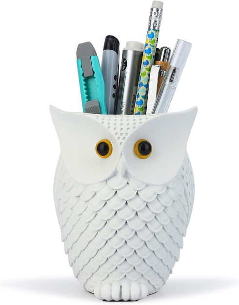 Owl Resin Pen Holder and Makeup Brush Holder, Desk Organizer for Office, School, and Home, White