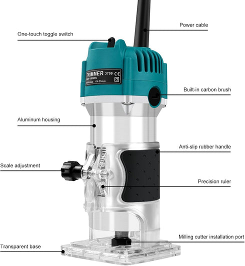 Rankomu Trimmer 12 Electric Wood Router Tool, Lightweight Handheld Router for DIY Projects | Includes Pcs Router Bits