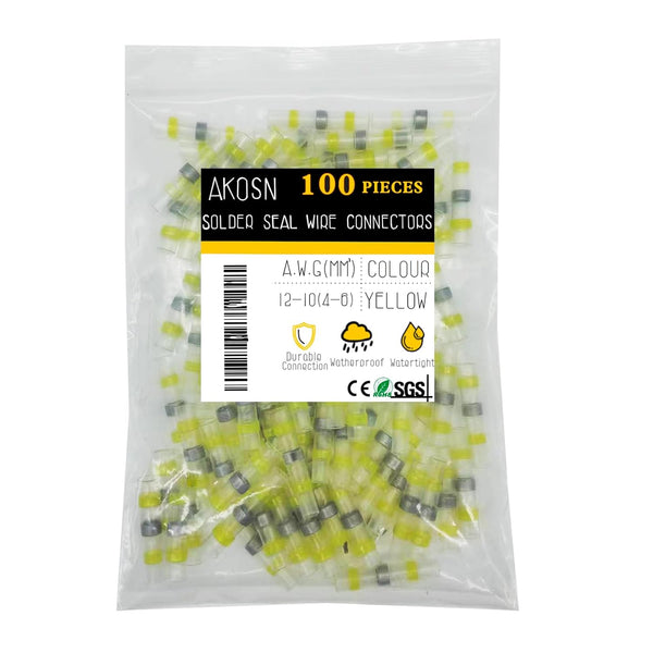 100 PCS Yellow Heat Shrink Butt Connectors, 12-10 AWG, Waterproof Solder Seal Wire Connectors for Automotive
