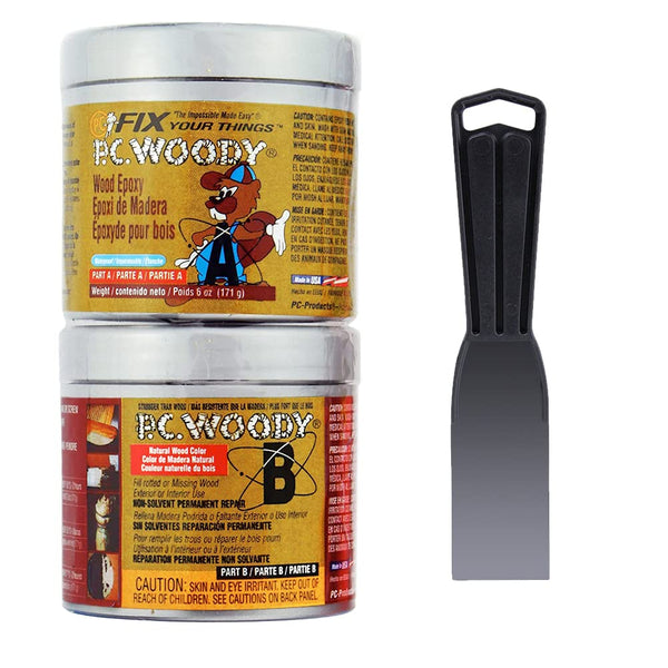 PC Products PC-Woody Wood Repair Epoxy Paste Kit, Two-Part 6 oz Tan in Two Cans with Mixing Tool (83321)