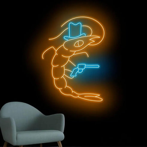 Cowboy Shrimp Neon Sign, Western Cowboy Neon Light, Sea Animal Led Sign, Shrimp Wall Room Art Decor, Restaurant Kitchen