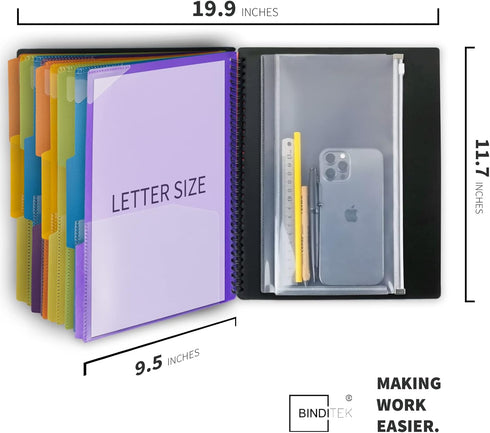 Binditek 1 Pack 24 Pocket Poly Project Organizer with 12 Dividers, Heavyduty Folder with Customizable Front Cover, Metal Wire Binding Spine, Extra Zipper Pouch, Letter Size, Office Supplies by Binditek