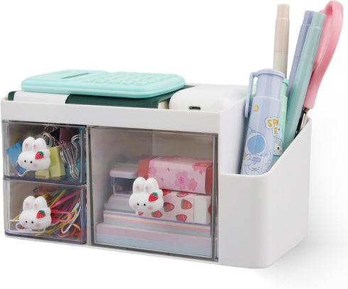 Desk Organizer with Pencil Holder and 3 Drawers, Desktop Stationery Holder for Office, Home, School (Rabbit Handle)