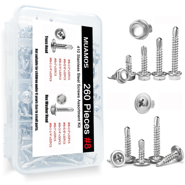 Self Drilling Screws #8 Assortment Kit, 260PCS 410 Stainless Steel Sheet Metal Screws for Metal Wood Building