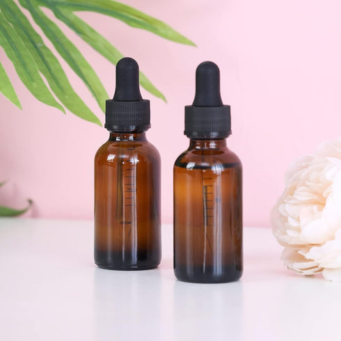 24 Pack Amber Glass Dropper Bottles - 1 oz Boston Bottles with Eye Droppers and Black Caps for Essential Oils