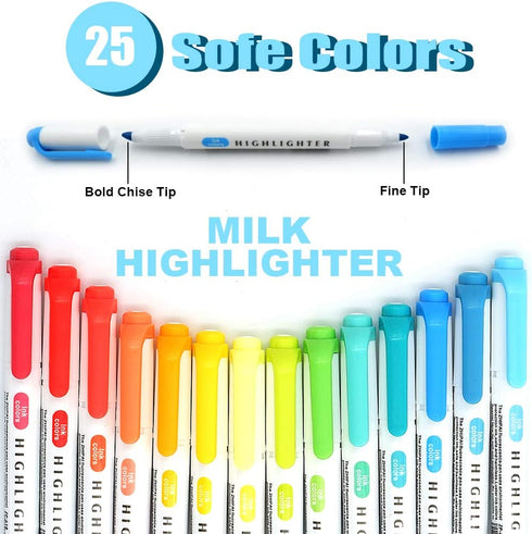 YOOUSOO 25 Pack Pastel Highlighters, Assorted Colours, Dual Tip Bible Highlighter, No Bleed Fluorescent Pens for School