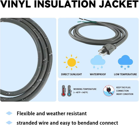 2 Pack 9 ft 14/3C SJTW Appliance Power Tool Cord, 14 Gauge 3 Prong Replacement Cable, 15A, 1875w Grey