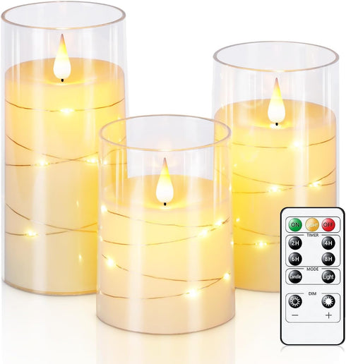 Homemory Flickering Flameless Candles with String Lights, Battery Operated Candles, Embedded String