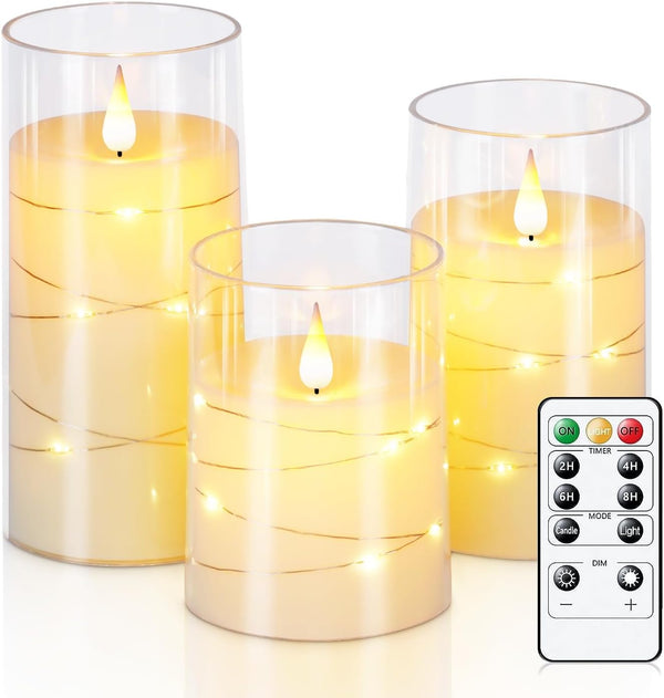 Homemory Flickering Flameless Candles with String Lights, Battery Operated Candles, Embedded String