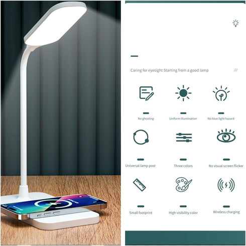 BueRallan 2PCS 3 LED Desk Lamps, Table Lamp, Night Stand Light for Home, Lighting Modes, Wireless Fast Charging, Desk