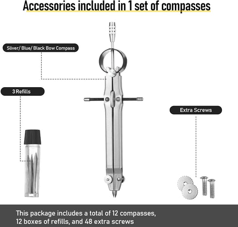 Zonon 12 Pcs Professional Geometry Compass Drawing Tool, Metal Compass with Extra Refills for School