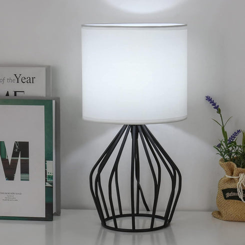 HAITRAL Modern Bedside Table Lamp - Minimalist Small Lamp with Hollowed Out Base Linen Fabric Shade,Metal Nightstand