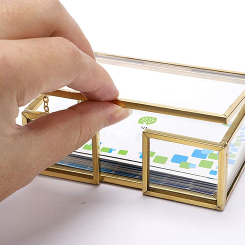 Hipiwe Glass Business Card Holder with Lid, Desktop Name Card Display Box Organizer, Gold Metal Container for Office