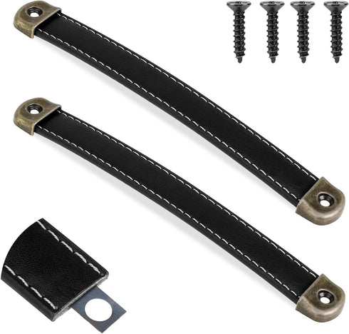 2 Pcs Leather Strap Handles with Mounting Screws, Modern Leather Cabinet Knobs for Drawers, Suitcase, Luggage, Trunk