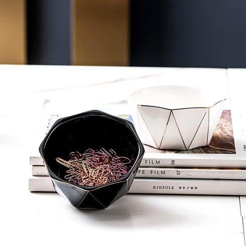 Geometric Ceramic Paper Clip Holder with Gold Line, Cute Paper Clip Dispenser for Desk, White Office Organizer