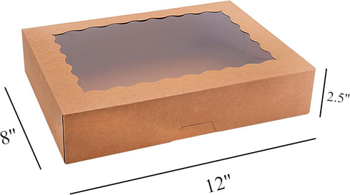 20-Pack Bakery Boxes with Window, 12" x 8" x 2.5" Cookie Boxes, Treat Boxes, Large Donut Boxes for Muffins and Pastries (Brown)