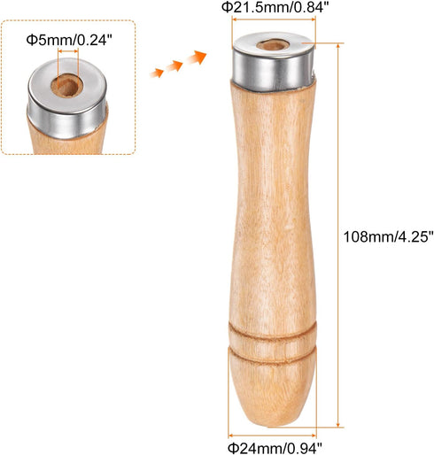 3pcs Wooden File Handle 4.25 Inch 5mm Round Hole Ergonomic Handles with Metal Collar for 8" Metal Files