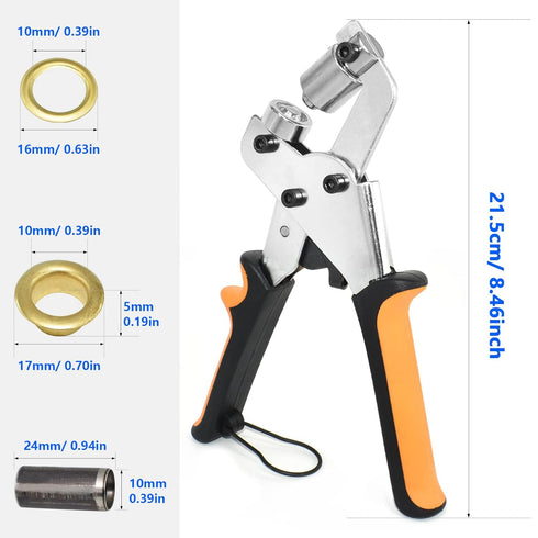 3/8 Inch 10mm Grommet Tool Kit Heavy Duty Handheld Grommet Press Pliers Easy and Safe to Punch Eyelet Hole Eyelet Plier with 500pcs Golden Grommets for Fabrics, Canvas, awnings