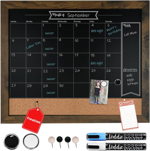 Loddie Doddie 18x24 Rustic Framed Chalkboard Calendar and Bulletin Combo Board, Includes Chalk Markers, Push-Pins, and