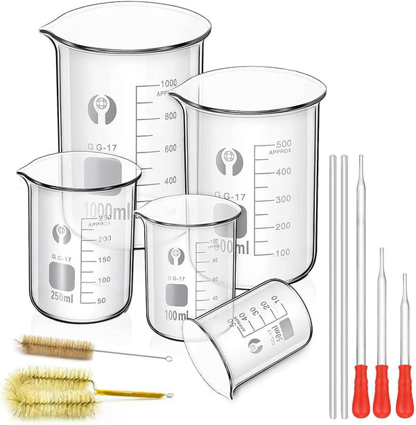ZEEROQOLAB Glass Beakers Set, 5pcs Measuring Pyrex Beakers with Cleaning Brush and Droppers