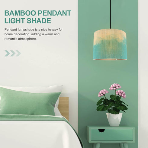 -30X30X23cm OSALADI Drum Lamp Shade Bamboo Lampshade Green Printing Pattern Lamp Cover Chandelier for Floor Table