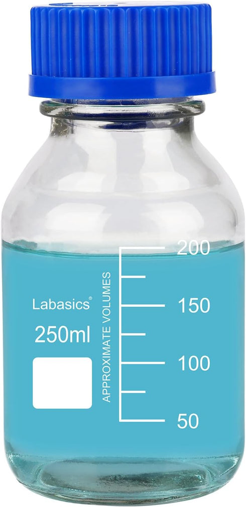 Round Media Storage Bottles with GL45 Blue Screw Cap, Borosilicate Glass Clear Wide Mouth Graduated Lab Bottle, 250 ml