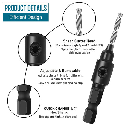 Countersink Drill Bit Set, 5Pcs Quick Change 1/4" Hex Shank Adjustable Countersink Set