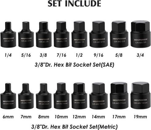 3/8-Inch Set, 16-Piece, 1/4 Inch 3/4 Inch, 6mm 19mm, MIXPOWER Drive Low Profile Impact Hex Driver SAE/Metric, Hex,