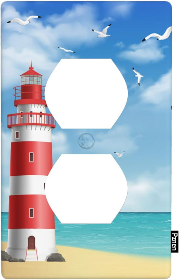 Red Lighthouse Outlet Covers, Beach Blue Ocean Nautical 1-Gang Plug Cover, Light Switch Covers Standard Size