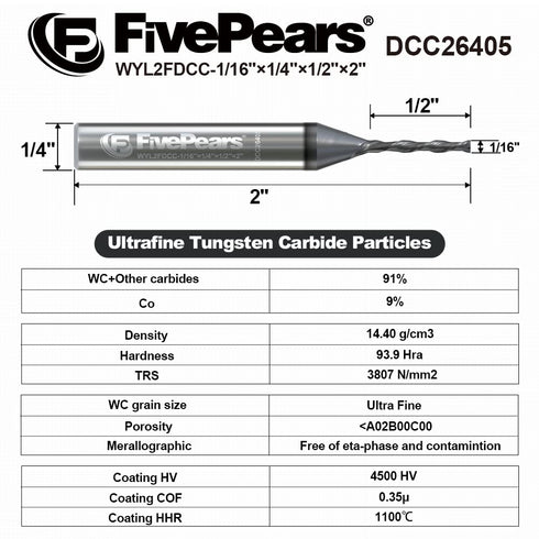 FivePears Down Cut Spiral Router Bit for CNC, 1/16" Cutting Diameter, 1/2" Cutting Length, 1/4 inch Shank Carbide End
