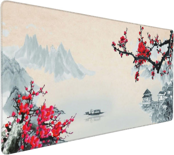 XXL Large Gaming Mouse Pad, Sakura Cherry Blossom Extended Desk Pad, Non-Slip Rubber Base 35.4x15.7in