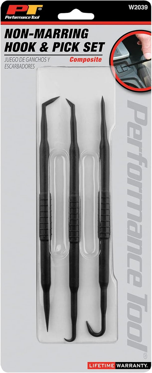 Performance Tool W2039 Mini Pick & Hook Set, 3-Piece with Hooks, Angles, and Straight Tips for Wiring Work