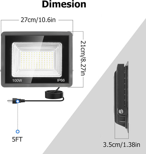 ycponggon 2 Pack 100W, 11000lm Light,6500k IP66 5FT LED Flood Lights Bright Led Work Daylight White LED Lights