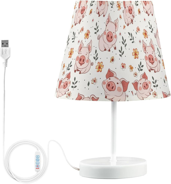ALAZA Pig Piggy Flower White Decor Bedside Table Lamp with USB Port