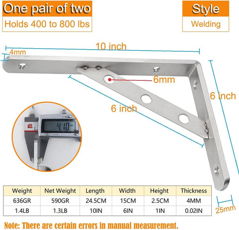 AmericFengBao Shelf,J5303-2P 1 Pair(10 inches) Heavy Duty Shelf Bracket,Welded Bracket,Stainless Steel Solid Shelf