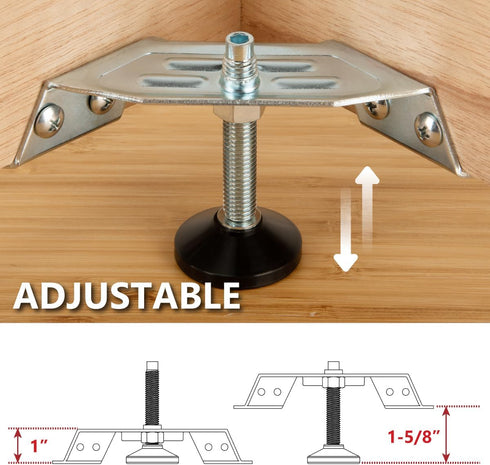 4PK, (71157) POWERTEC Corner Leveling Feet Heavy Duty Adjustable Corner Bracket Levelers with Nylon Foot for Cabinets