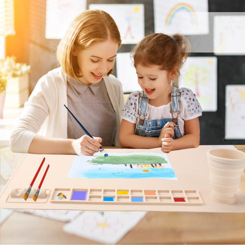 Silicone Painting Mat with Cup and Palette Removable, 20"X16" Thick Silicone Art Mat for Craft with Raised Edge, Artist Creator Mat Silicone for Resin DIY Making (Beige)