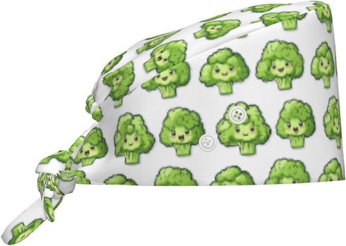 Nurse Scrub Cap Men Women with Buttons - Cute Broccoli Green Print