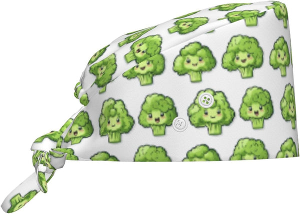 Nurse Scrub Cap Men Women with Buttons - Cute Broccoli Green Print