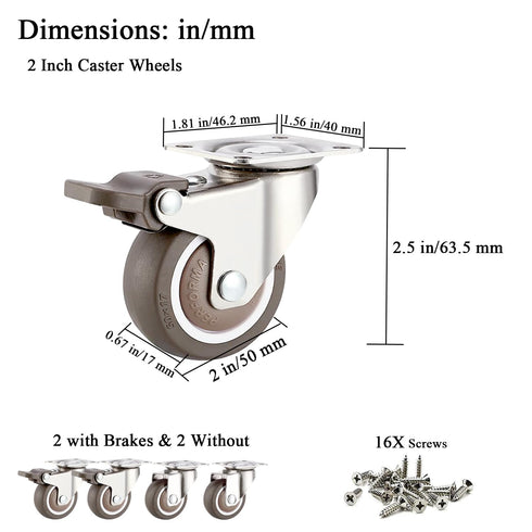 4 Pack Small Caster Wheels 2 Inch Low Profile Swivel Casters with 2 Brakes, Steel Top Plate, No Noise Ball Bearing