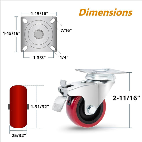 POWERTEC 2 Inch Swivel Caster Wheels Set of 4 with 400 lbs Loads, Heavy Duty Plate Casters (2 with Brakes & 2 without), PU Castor Wheels for Furniture, Cart, Dolly and Workbenches (17212)