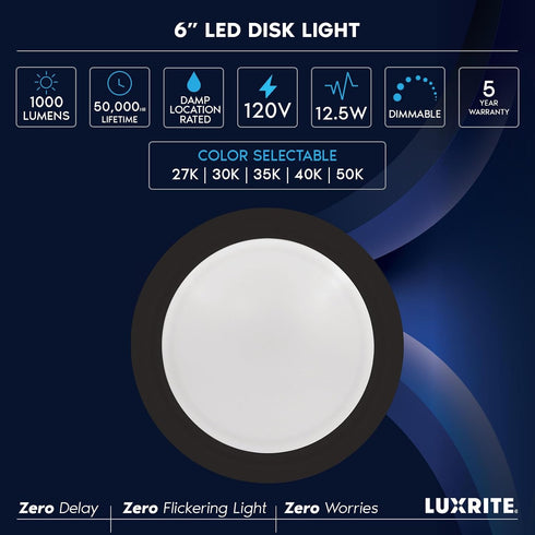 6 Inch Dimmable 5CCT 2700K 3000K 3500K 4000K 5000K, 12.5W, 1000LM 1 Count (Pack 1)) LUXRITE LED Disk Lights, Flush