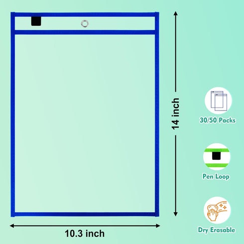 50 Packs 10x14 Inch Dry Erase Pocket Sleeves, Reusable Clear Plastic Classroom Sleeves, Ticket Holders