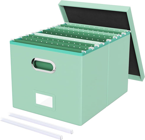 Oterri File Organizer Box with Lid, Portable Hanging File Box for Letter/Legal Storage, Mint-green Leather, 1 Pack