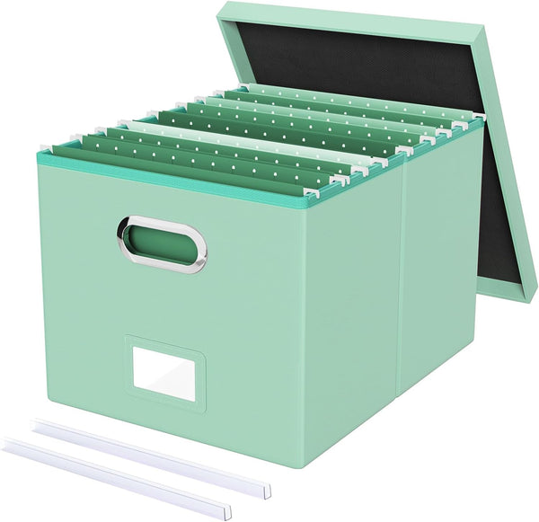 Oterri File Organizer Box with Lid, Portable Hanging File Box for Letter/Legal Storage, Mint-green Leather, 1 Pack