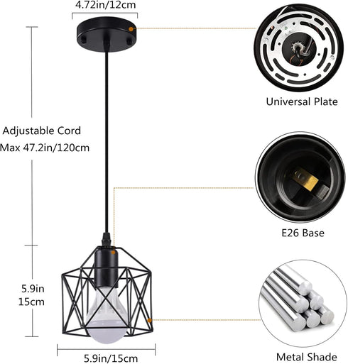 NAANN E26 Black Pendant Light, Farmhouse Rustic Vintage Hanging Lamp Industrial Metal Mini Cage Pendant Lighting