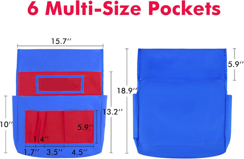 School Seat Chair with Storage Pocket Organizer, Multiple Pockets for Home, Classroom, Preschool (Red+Blue)